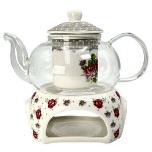 Royal Elfreda Rose Flower Tea Brew Set Pot Infuser Warmer Base Glass Bone China